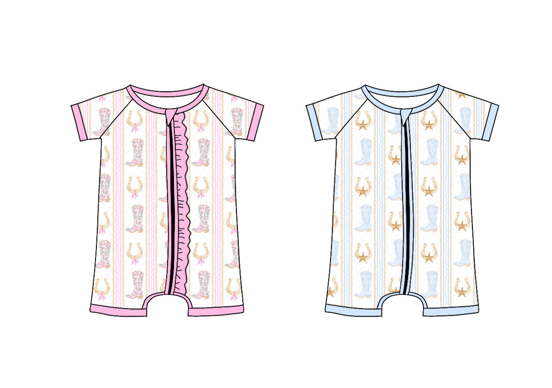 Baby Boy Girl Short Sleeves Western Boots Zipper Sibling Romper ( Moq 5 Each Style ) 3.8