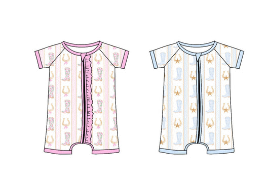 Baby Boy Girl Short Sleeves Western Boots Zipper Sibling Romper ( Moq 5 Each Style ) 3.8