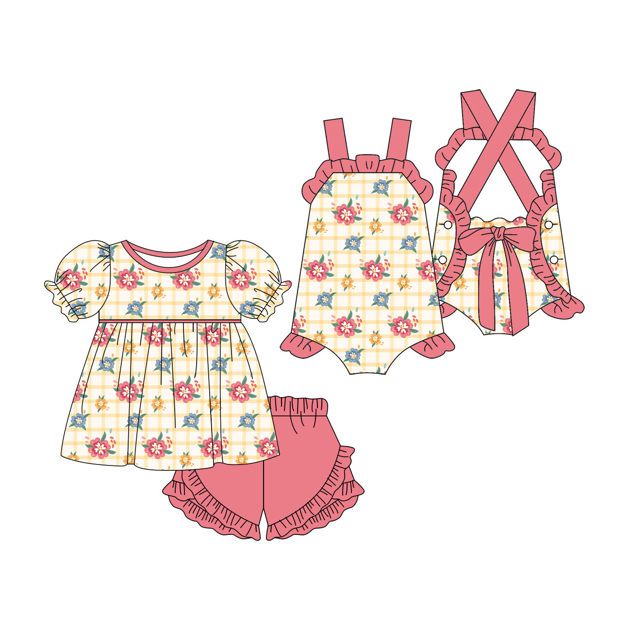 ( Moq 5 Each Style ) Sibling Baby Girls Kids Flower Plaid Romper Set Summer Clothes