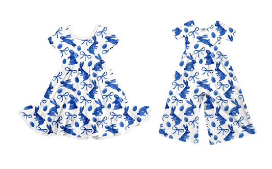 ( Moq 5 Each Style ) Girls Toddler Blue Rabbits Bows Easter Sibling Dress Jumpsuit