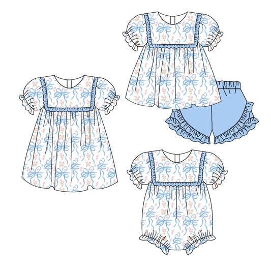 Baby Girl Short Sleeves Blue Bows Flower Sibling Romper Dress Set ( Moq 5 Each Style ) 2.17