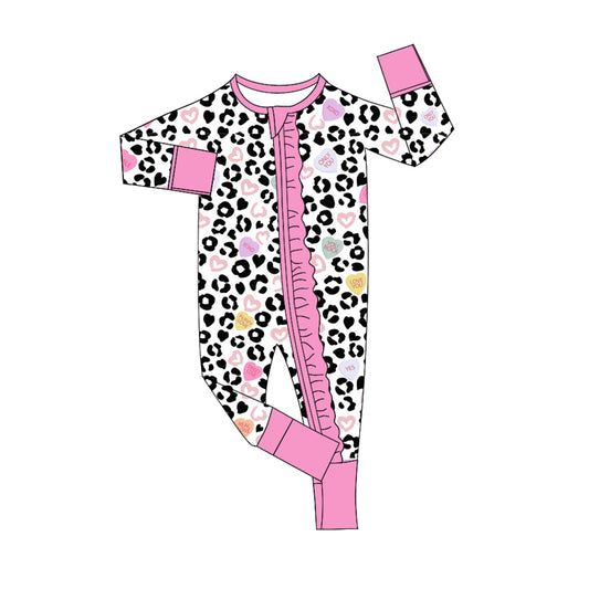 Baby Girl Infant Valentine Leopard Hearts Ruffle Pink Zipper Romper