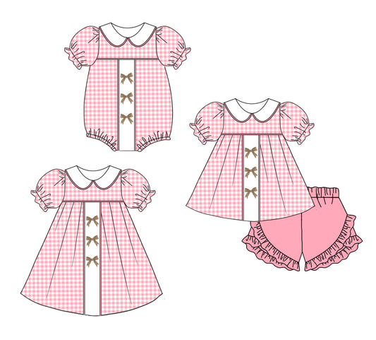 Baby Girl Short Sleeves Pink Plaid Bows Sibling Romper Clothes Set ( Moq 5 Each Design )11.21