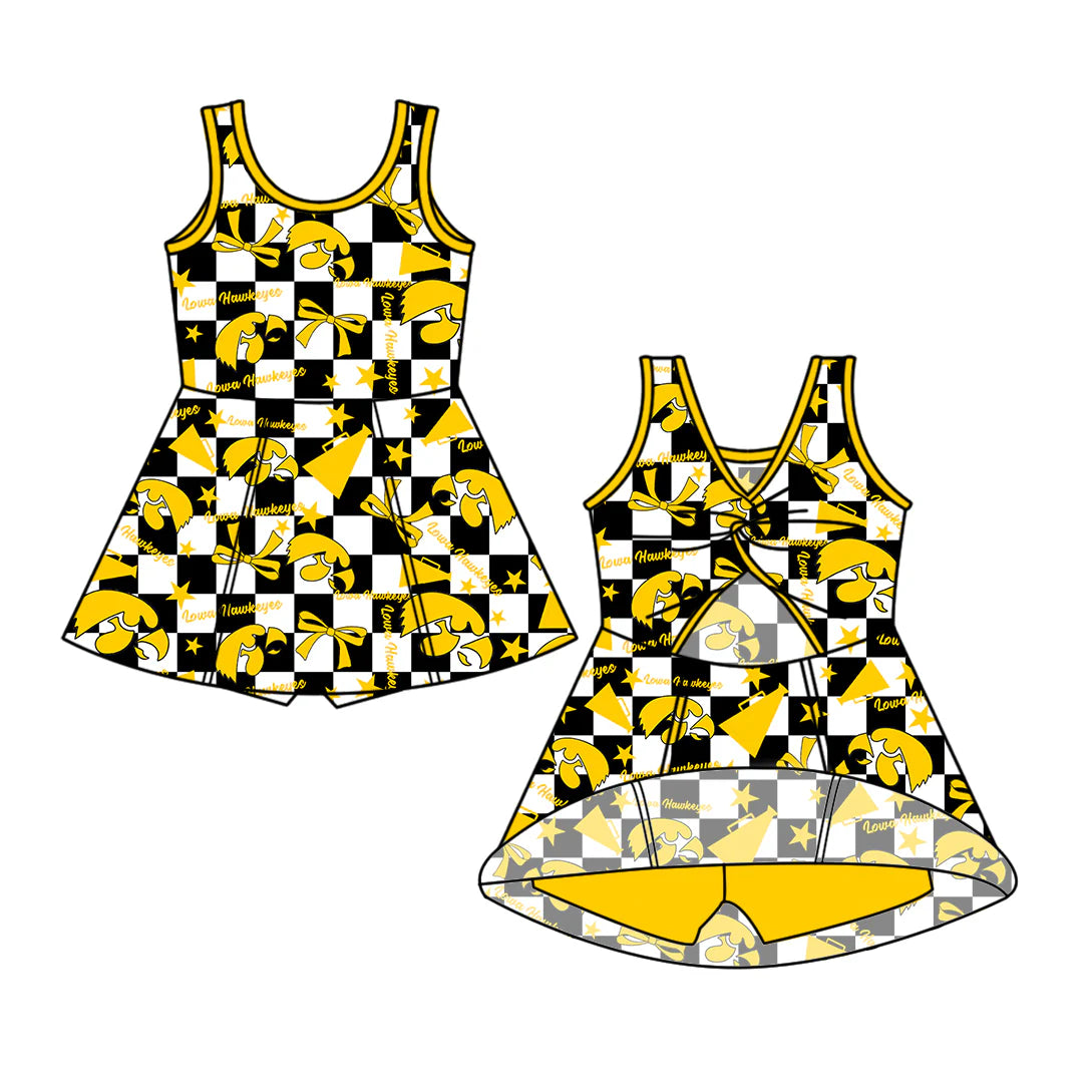 ( Moq 5 each style ) Baby Girl Toddler  Team Yellow Bows Cheer Sibling Checked Dress Set 6.30