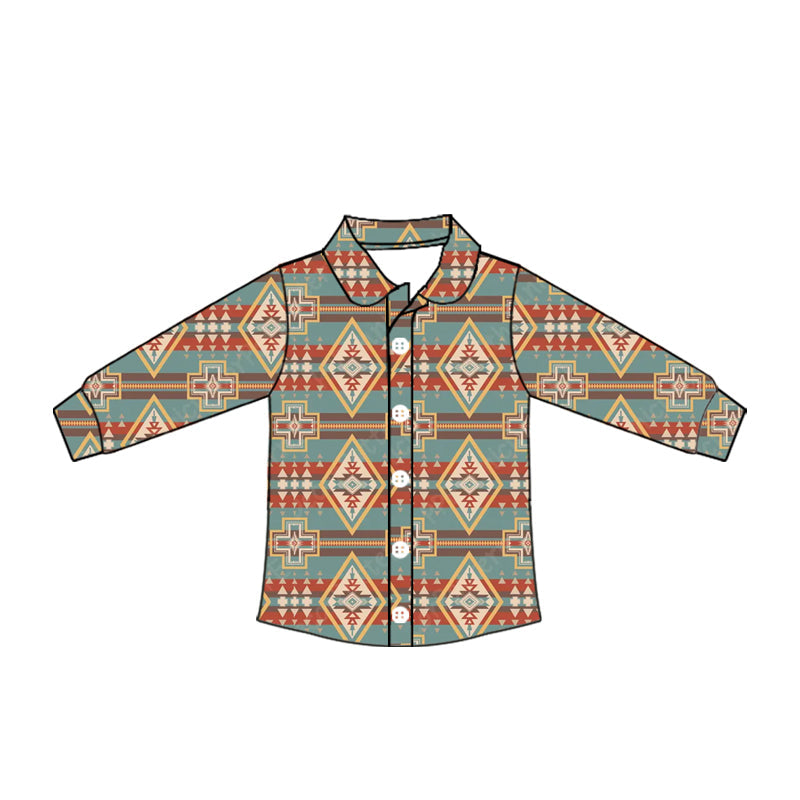 ( Moq 5 ) Baby Boy Long Sleeves Western Aztec Button Shirt Tops