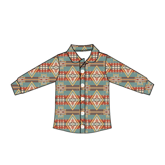 ( Moq 5 ) Baby Boy Long Sleeves Western Aztec Button Shirt Tops