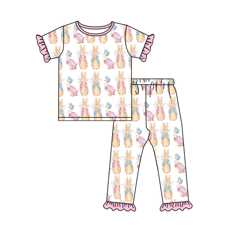 Baby Girl Short Sleeves Easter Rabbit Pink Ruffle Shirt Pants Pajamas Set Moq 5