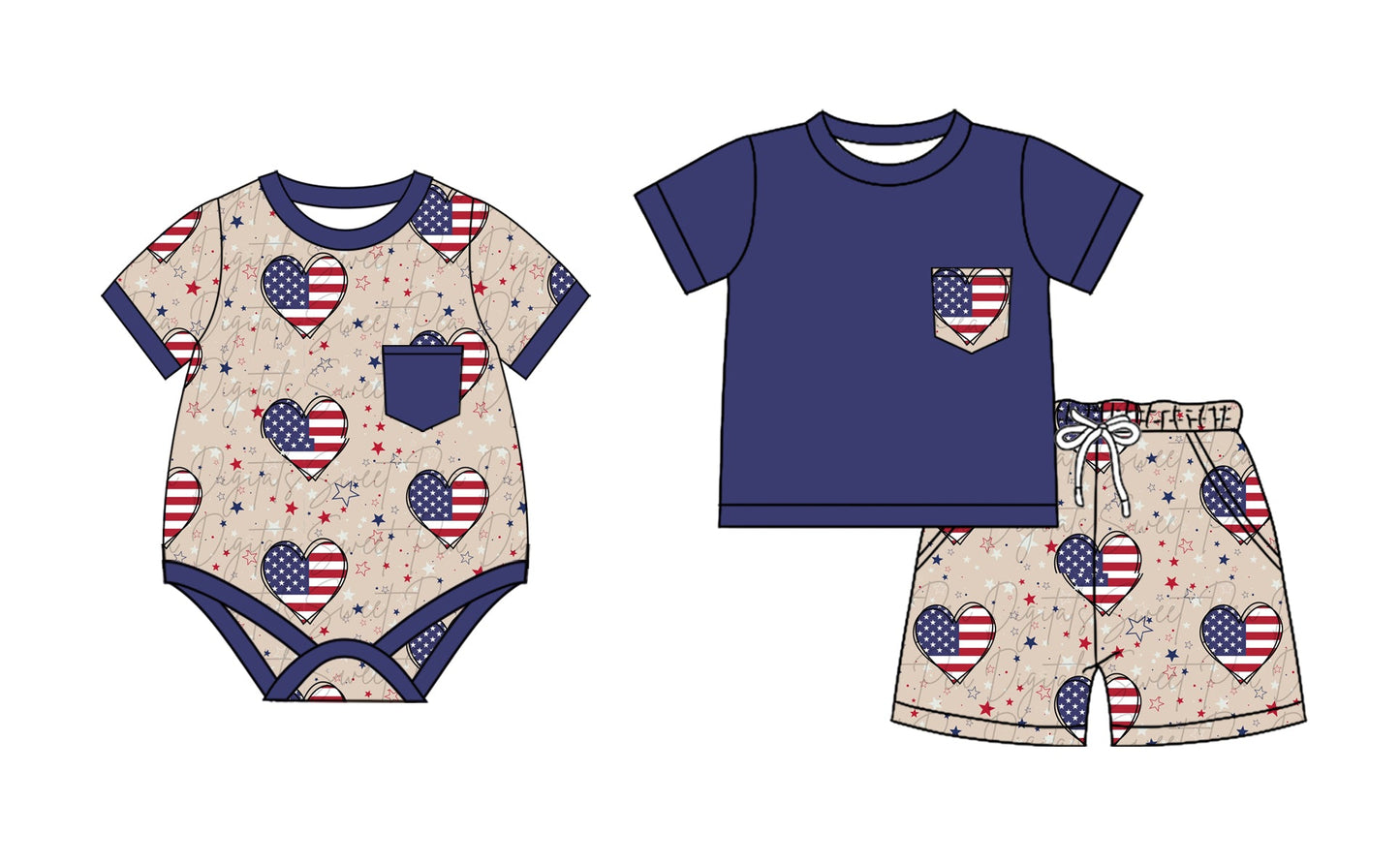 Baby Boy Short Sleeves July 4th Hearts Sibling Romper Set ( Moq 5 Each Style ) 2.20