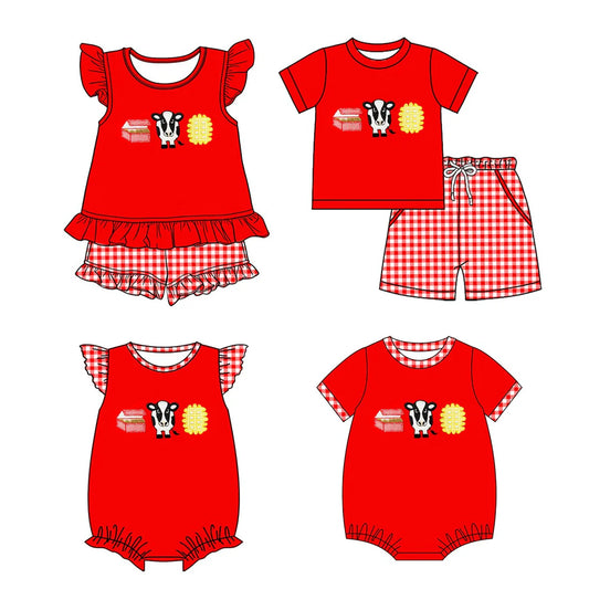 ( Moq 5 Each Style ) Sibling Baby Boys Girls Toddler Short Sleeves Cow Chips‌ Red Rompers Sets Clothes