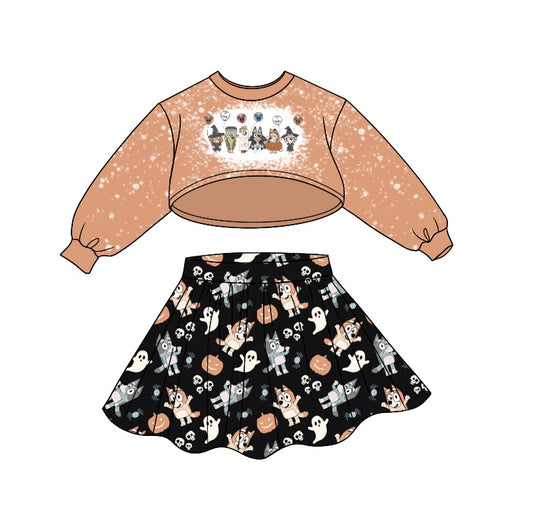 Baby Girl Halloween Long Sleeves Tops Dogs Pumpkin Skirt Outfit Moq 5