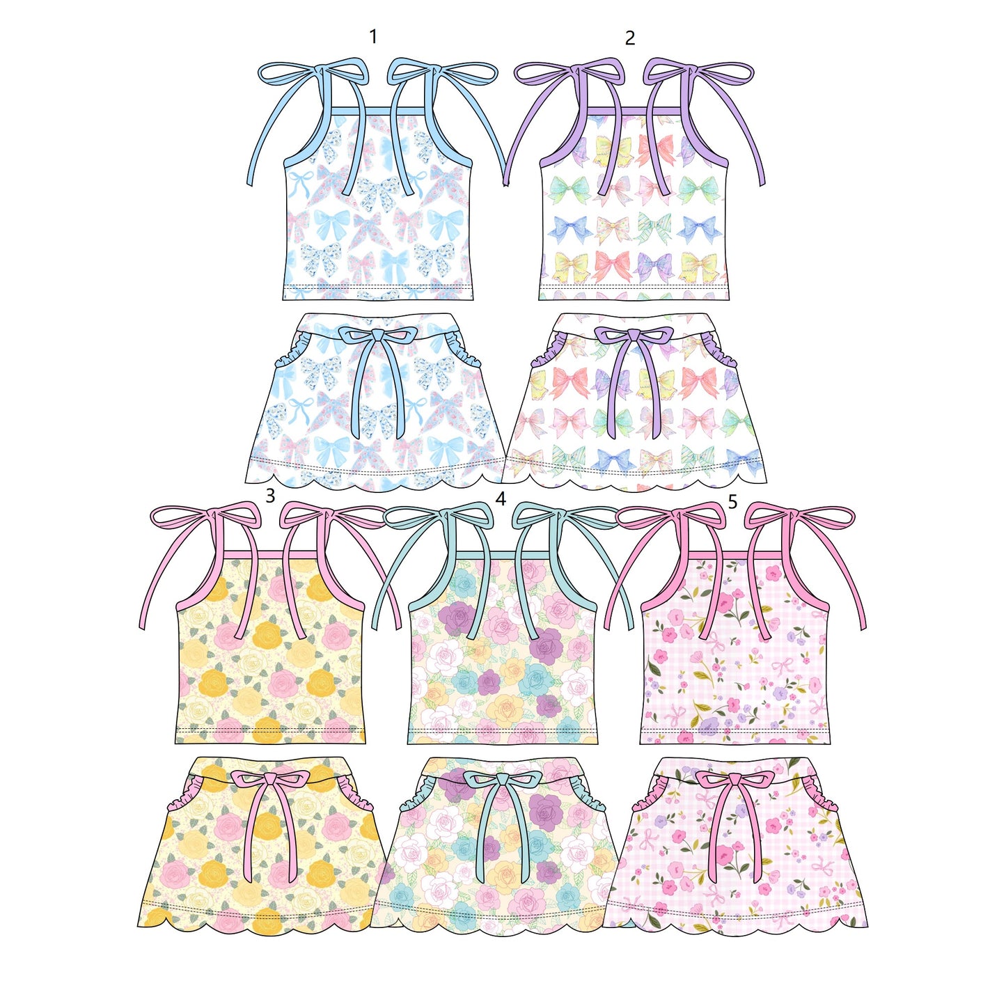 ( Moq 30 Each Style ) Sibling Baby Girls Kids Sleeveless Flower Bows Shirts Pockets Skorts Sets Clothes