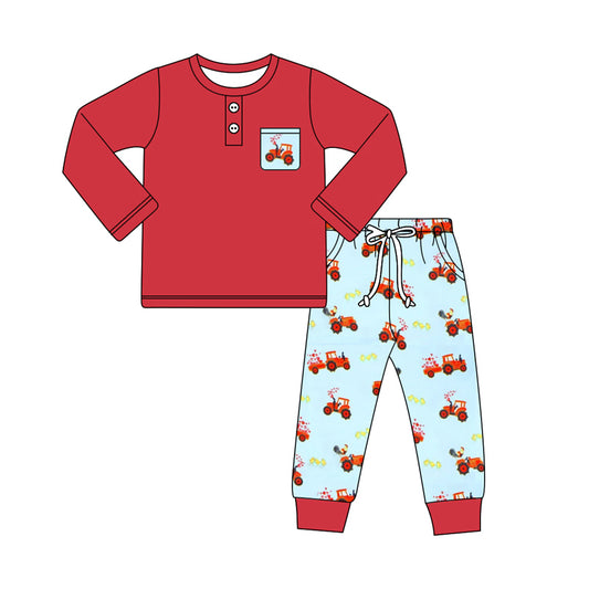 Baby Boy Toddler Long Sleeves Red Shirt Valentine Hearts Tractor Pants Set