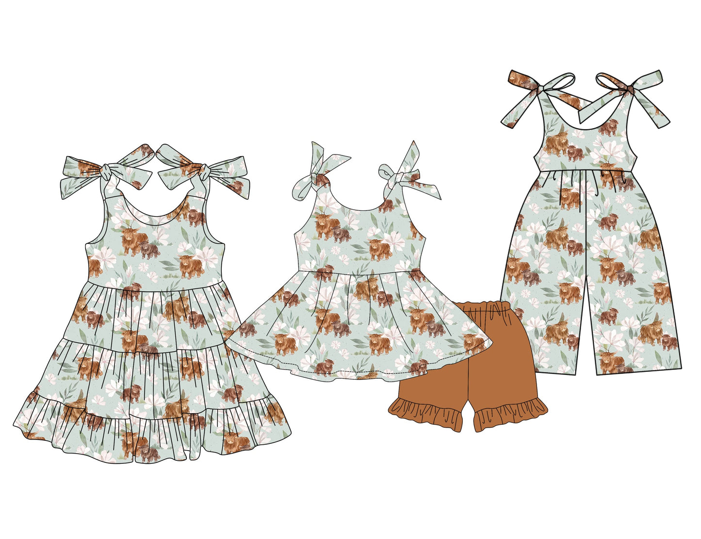 ( Moq 5 Each Style ) Baby Girl Sleeveless Cow Flower Sibling Jumpsuit Dress Set 3.27