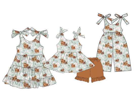 ( Moq 5 Each Style ) Baby Girl Sleeveless Cow Flower Sibling Jumpsuit Dress Set 3.27