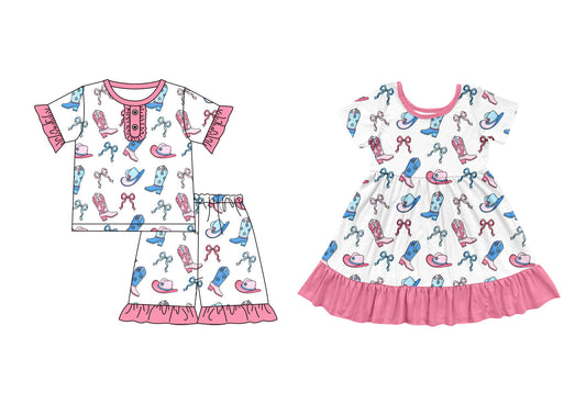 ( Moq 5 Each Style ) Baby Girl Short Sleeves Western Boots Bows Sibling Dress Set 3.31
