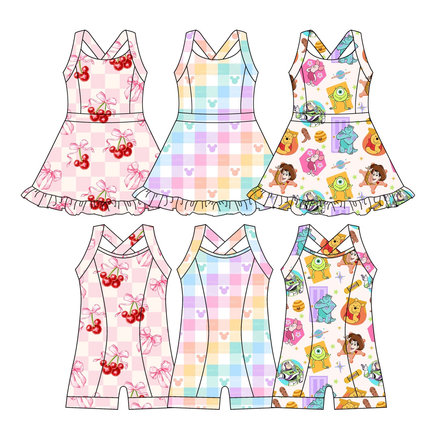 Baby Girl Sleeveless Cartoon Sibling Swimwear Jumpsuit Dress ( Moq 5 Each Style ) 3.18