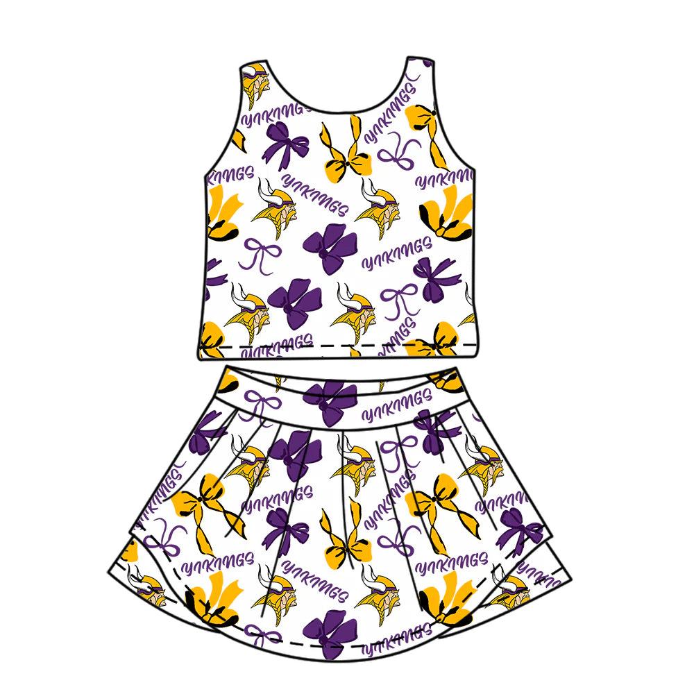 ( Moq 5 each style ) Baby Girl Toddler Team Bows Purple Sibling Skort Dress Set 6.9
