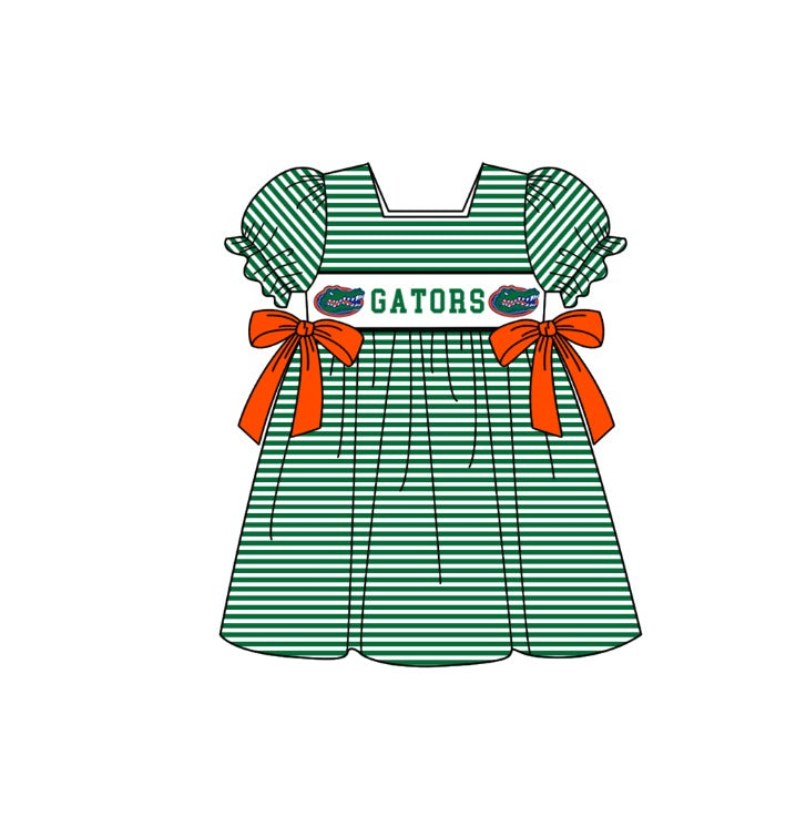 ( Moq 5 ) Baby Girls Toddler Short Sleeves Green Bows Stripes Knee Length Dress 1.29