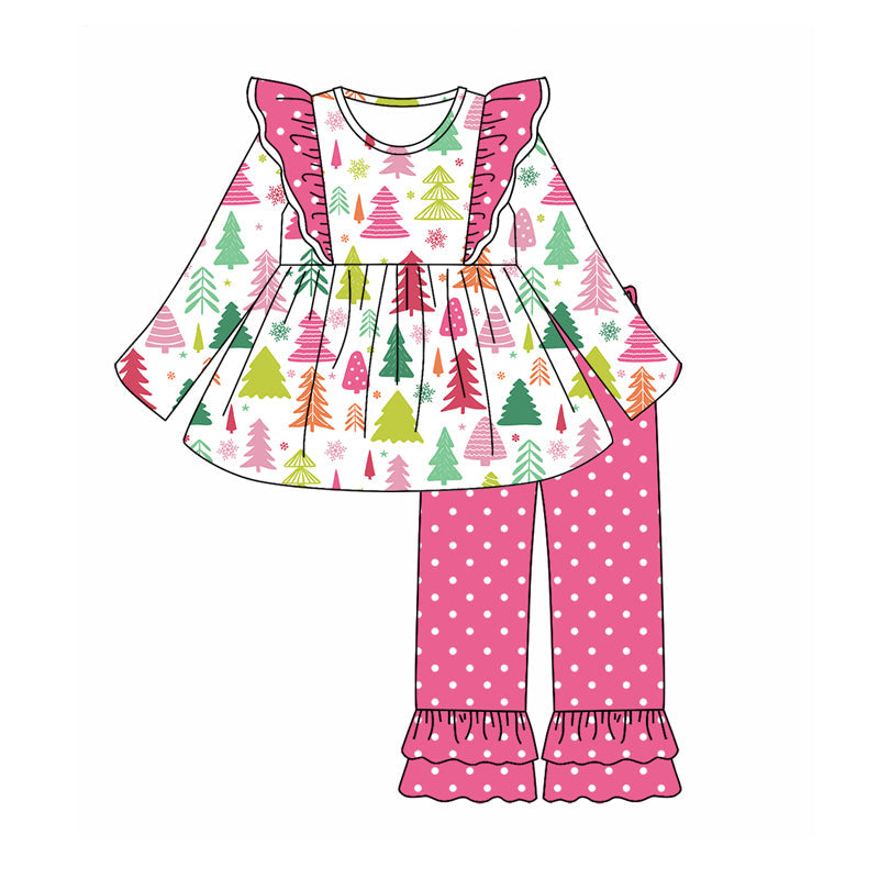 Baby Girl Colorful Tree Tunic Dots Pink Ruffle Pants Set