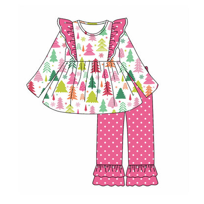 Baby Girl Colorful Tree Tunic Dots Pink Ruffle Pants Set