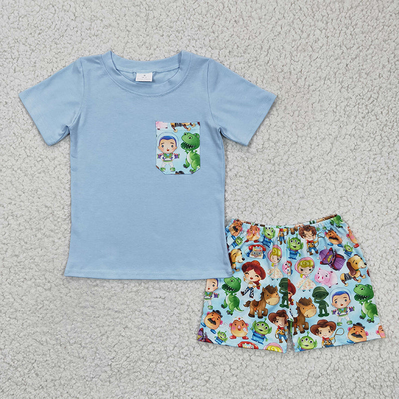 Promotion Baby Boy Summer Pocket Cartoon Short Outfit