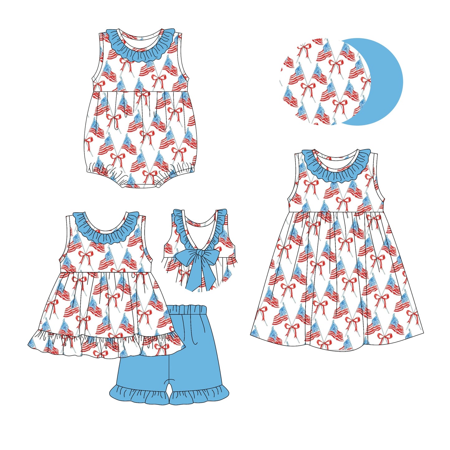 Baby Girl July 4th Flags Bows Sibling Romper Dress Set ( Moq 5 Each Style ) 2.25