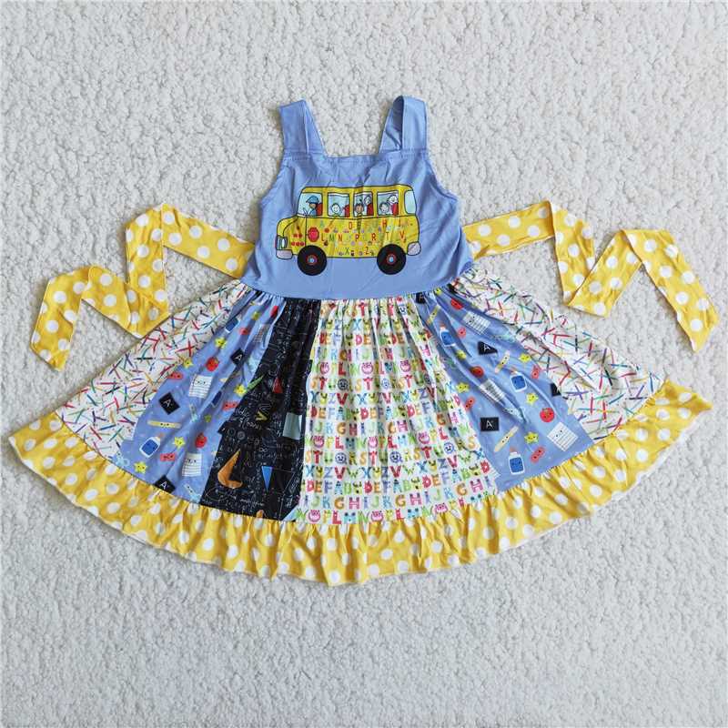 A7-2 Baby Girl Back To School Bus Twirl Dress