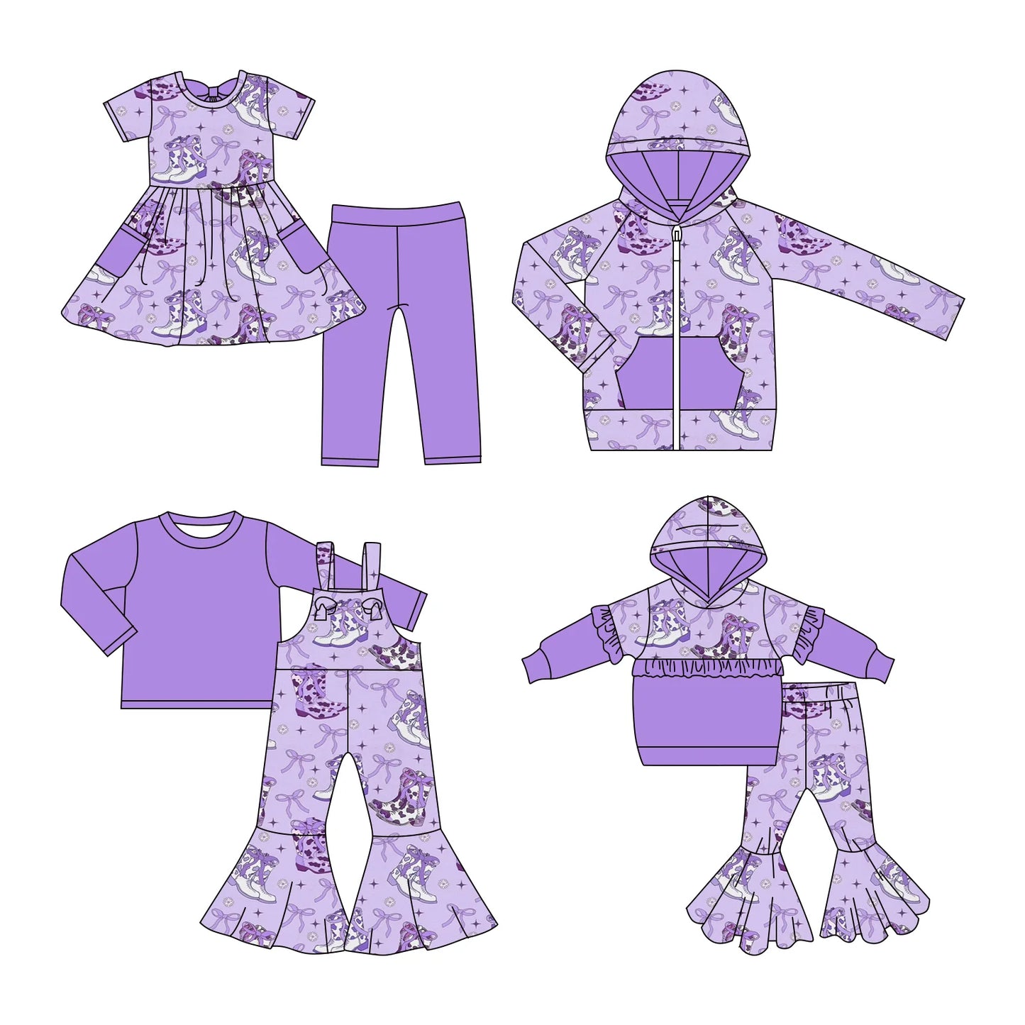 ( Moq 5 Each Style ) Baby Girls Kids Boots Bows Western Sibling Purple Hoodie Shirt Sets