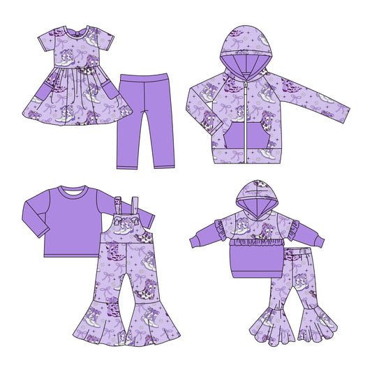 ( Moq 5 Each Style ) Baby Girls Kids Boots Bows Western Sibling Purple Hoodie Shirt Sets