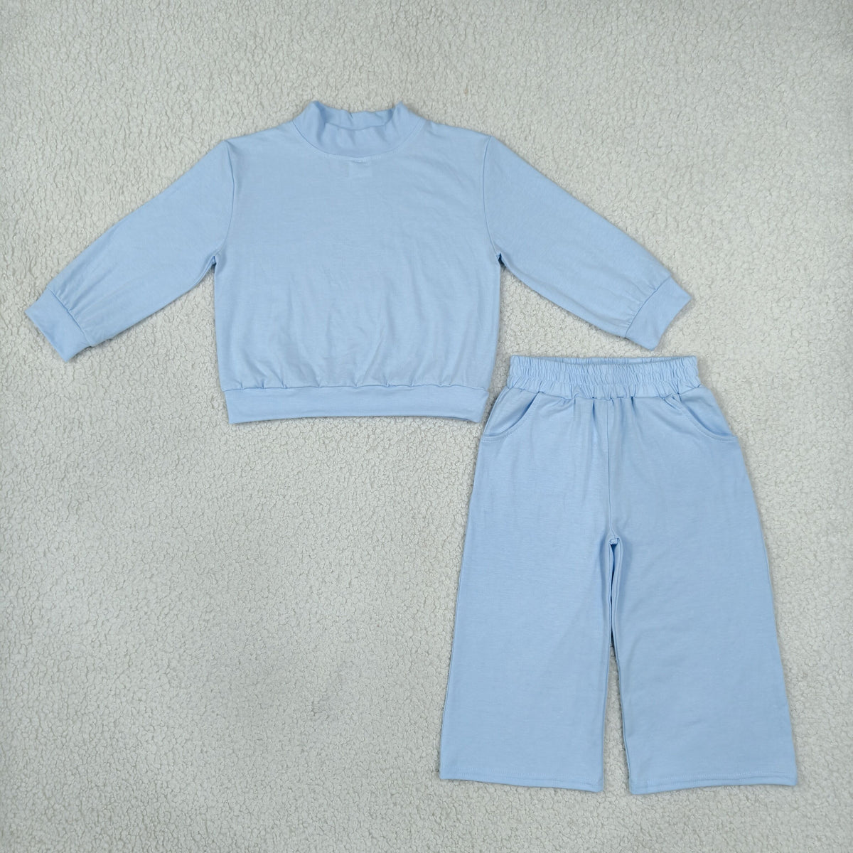 Baby Girl Kids Long Sleeves Blue Shirt Pockets Pants Mock Neck‌ Set Pajamas Cotton Clothes RTS