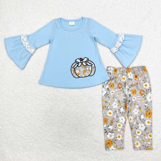 Baby Girl Long Sleeves Embroidery Pumpkin Blue Cotton Tunic Floral Pants Set