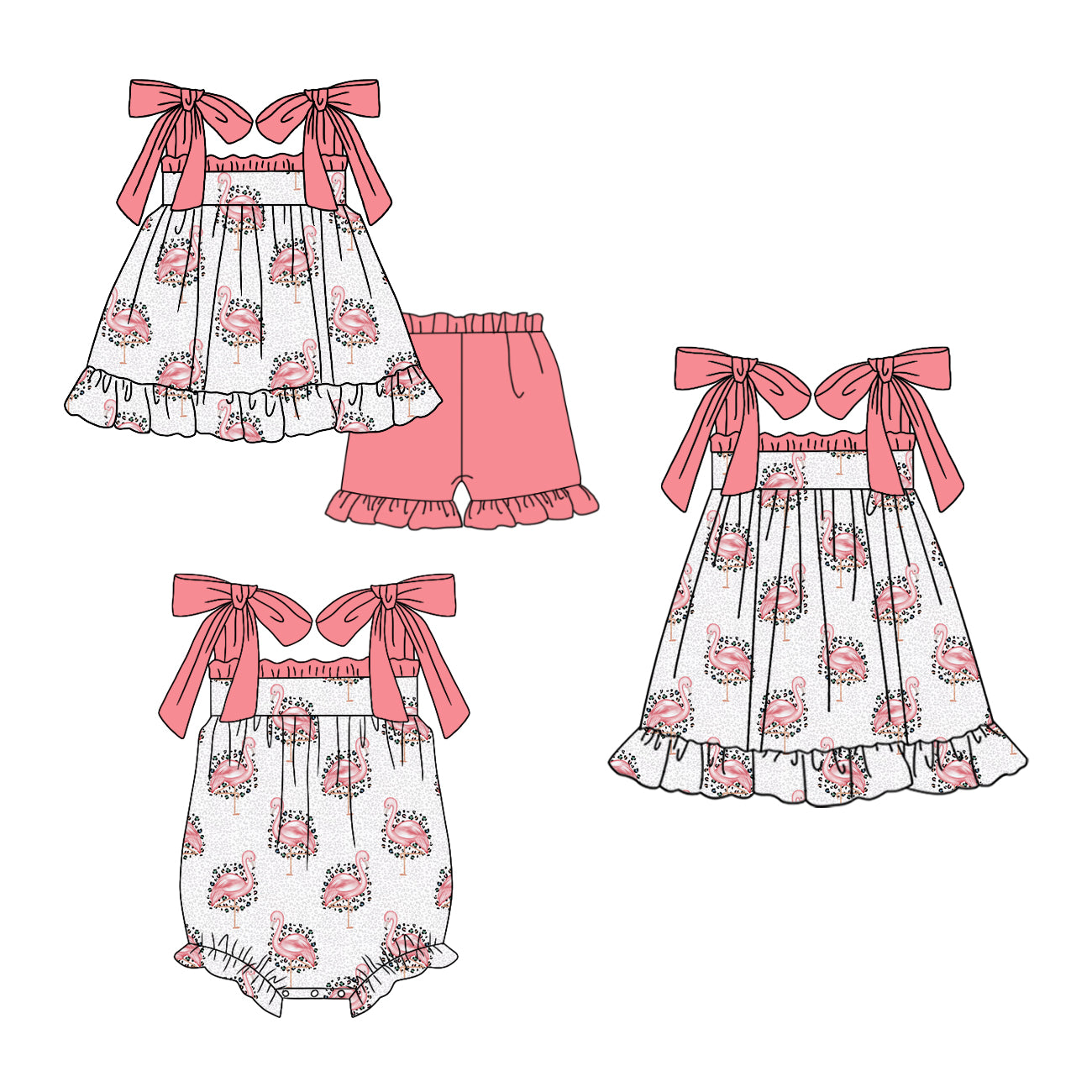( Moq 5 Each Style ) Sibling Baby Girls Kids Pink Bows Straps Romper Dress Set Summer Clothes
