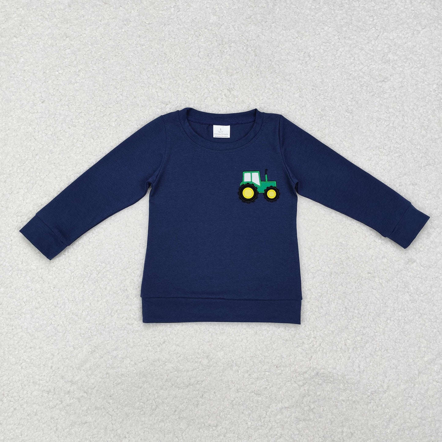 Baby Boy Long Sleeves Embroidery Tractor Navy Tee Shirt