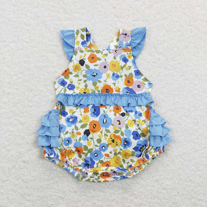 Baby Girl Flower Sibling Sister Romper Dresses Blue Set