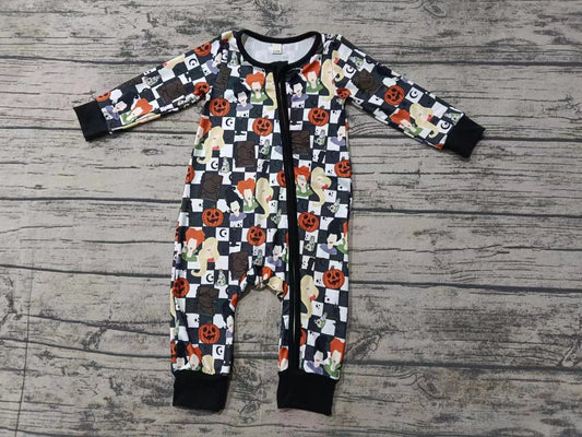 Baby Girl Infant Long Sleeves Halloween Pumpkin Checkered Zipper Romper Moq 5