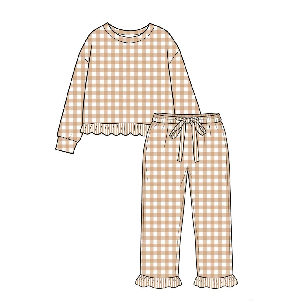 ( Moq 5 ) Preorder Baby Girls Kids Long Sleeves Khaki Plaid Shirt Ruffle Pants Set Clothes