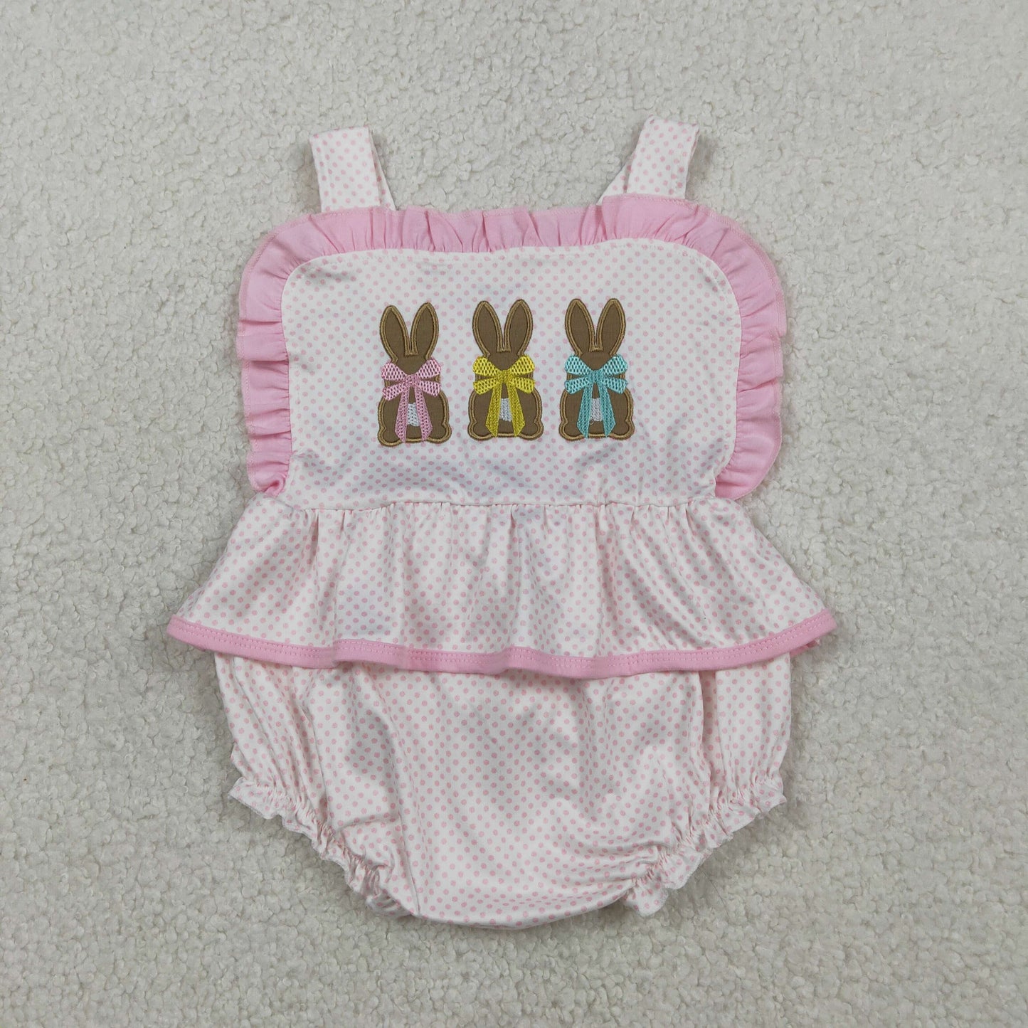 Sibling Baby Girls Kids Embroidery Rabbits Easter Pink Ruffle Romper Set RTS
