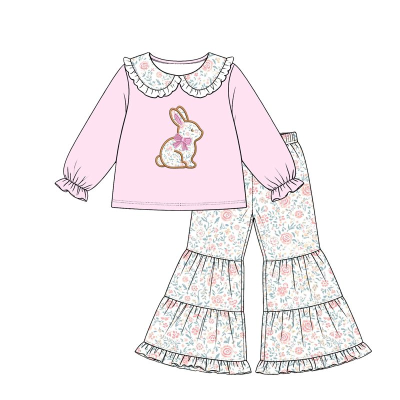 ( Moq 5 ) Preorder Baby Girls Kids Rabbit Bows Tops Floral Bell Pants Easter Set Clothes