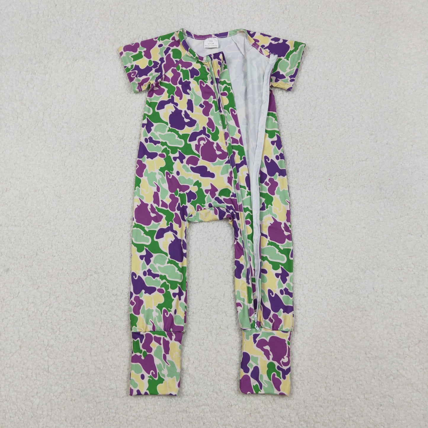 Kids Toddler Short Sleeves Mardi Gras Camo Zipper Romper RTS