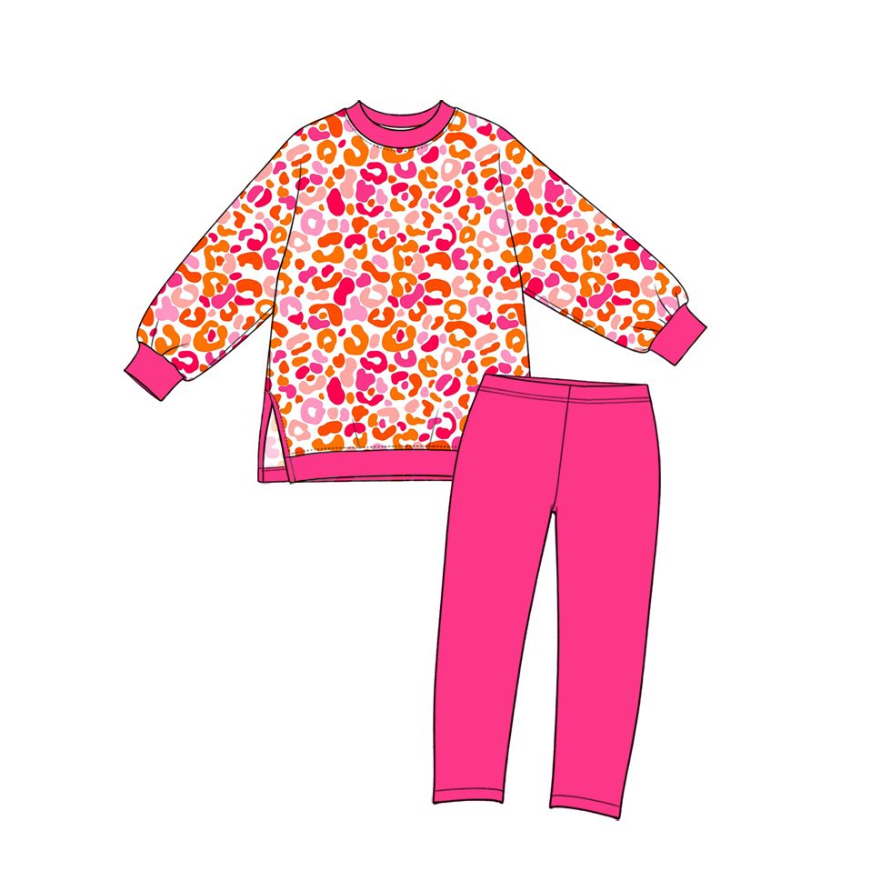 ( Moq 5 ) Preorder Baby Girls Kids Long Sleeves Leopard Tops Hot Pink Leggings Yoga Active Set Clothes
