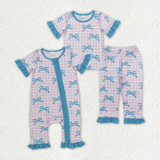Baby Girl Short Sleeves Checkered Bows Sibling Romper Pajamas Set RTS