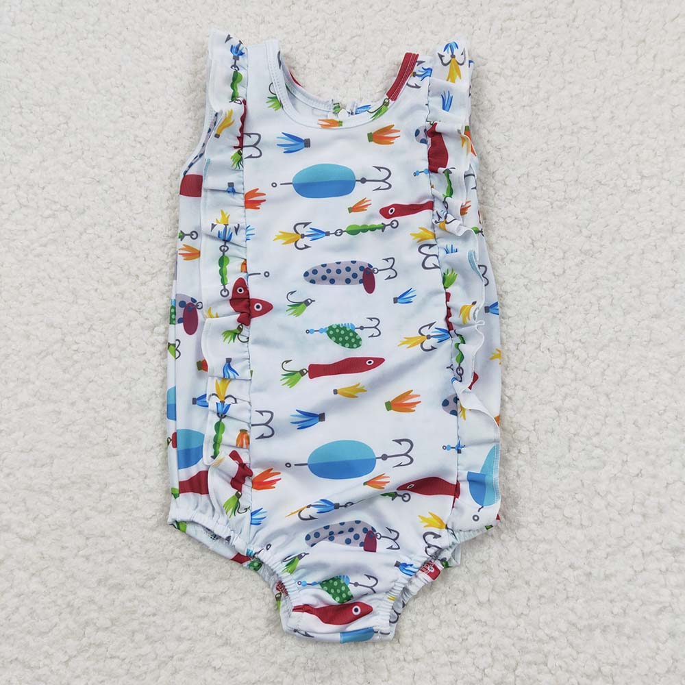 Promotion Baby Girls Kids Fishing One-piece Blue Swimsuit Summer Clothes RTS