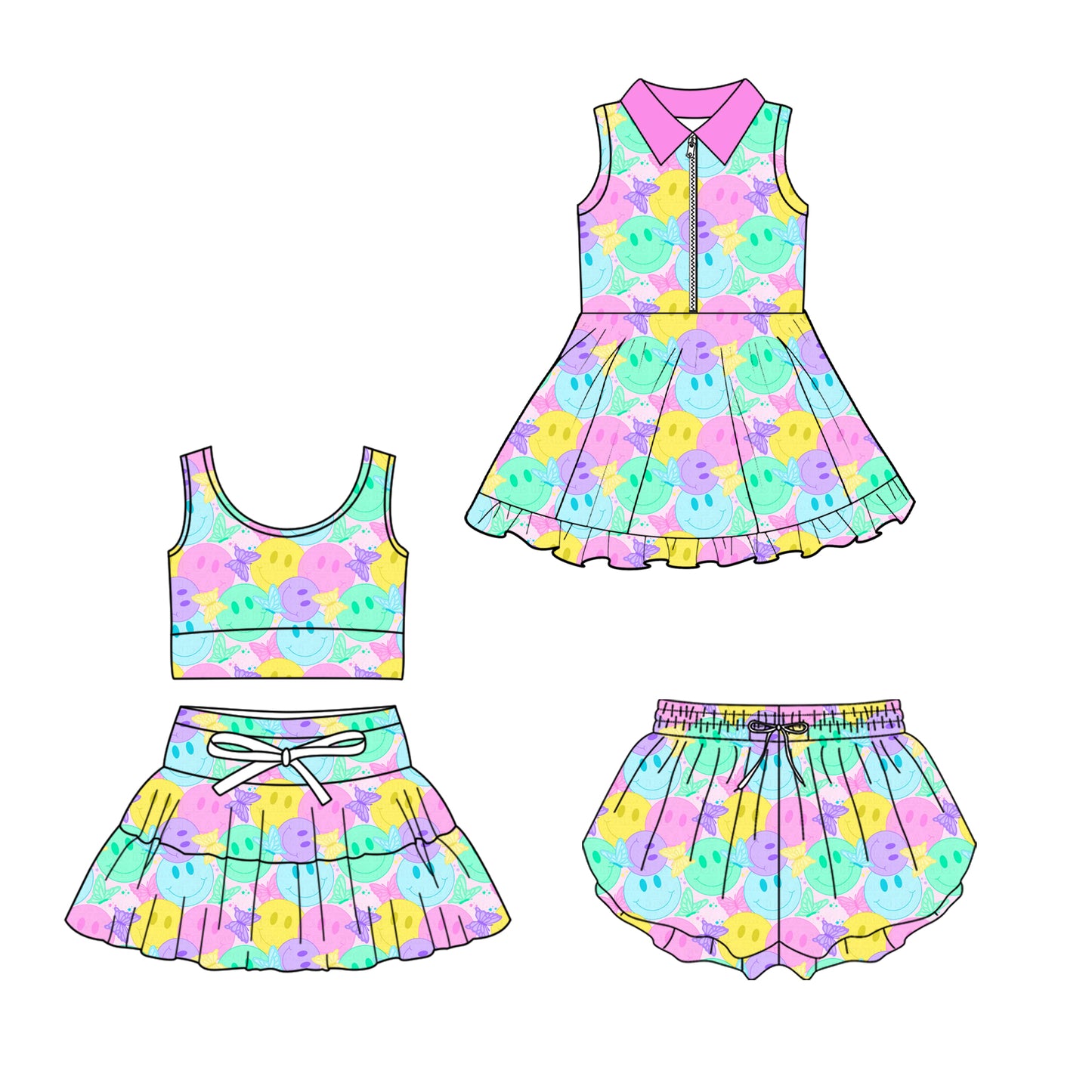( Moq 5 Each Style ) Sibling Baby Girls Toddler Butterfly Smile Zipper Dress Shorts Set