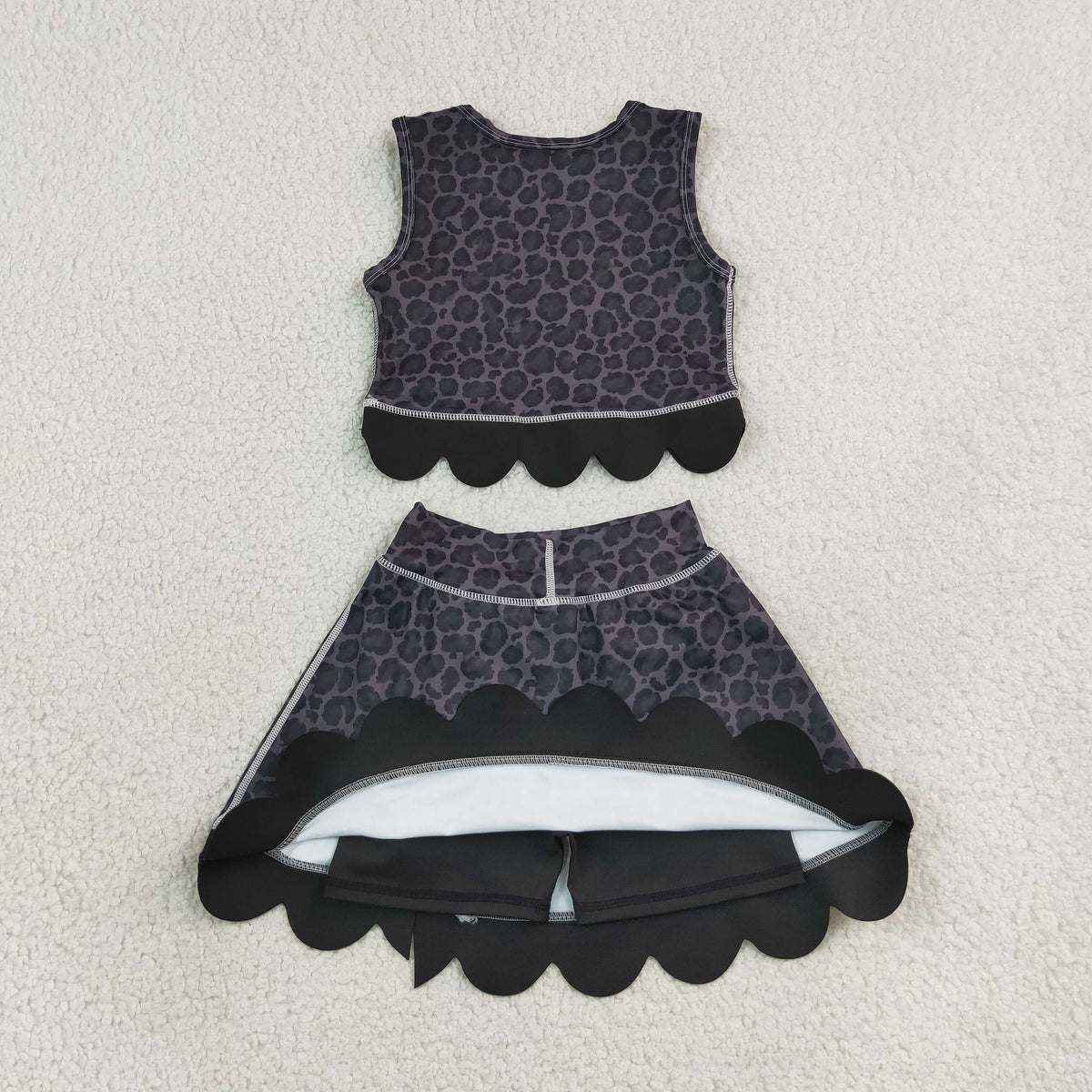 Baby Girls Kids Black Leopard Vest Bows Scallop Bows Skirt Shorts Yoga Active Set Clothes RTS
