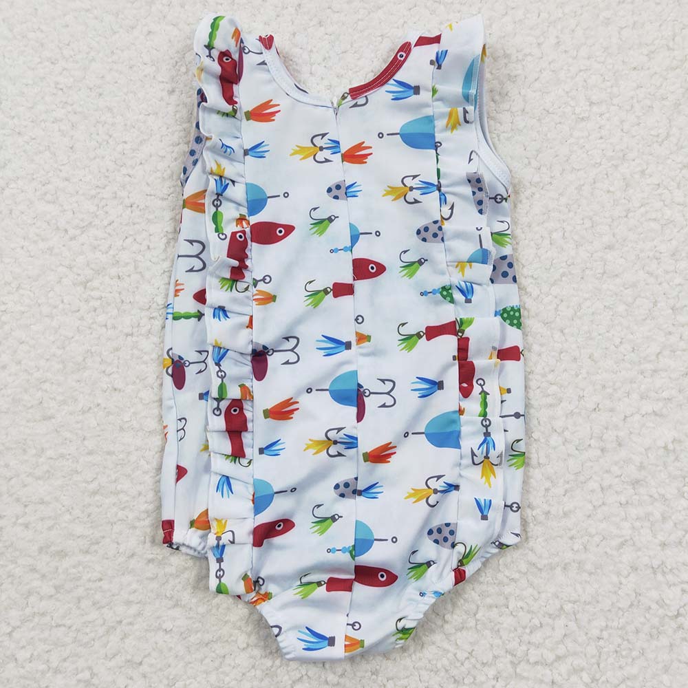 Promotion Baby Girls Kids Fishing One-piece Blue Swimsuit Summer Clothes RTS
