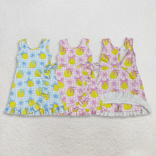 Sibling Baby Girls Kids Lemons Bows Plaid Yoga Active Shorts Knee Length Dresses RTS