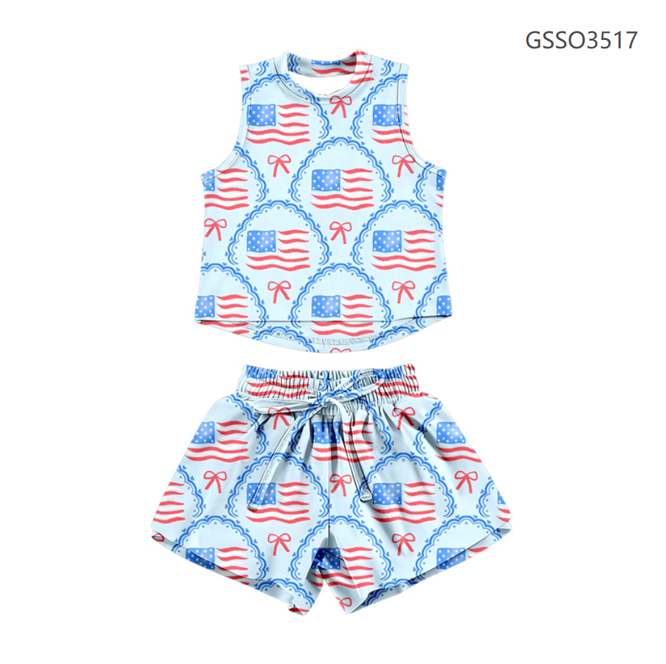 ( Moq 5 ) Preorder Baby Girls Kids Sleeveless Bows Flags Tops Shorts Set 4th of July Clothes