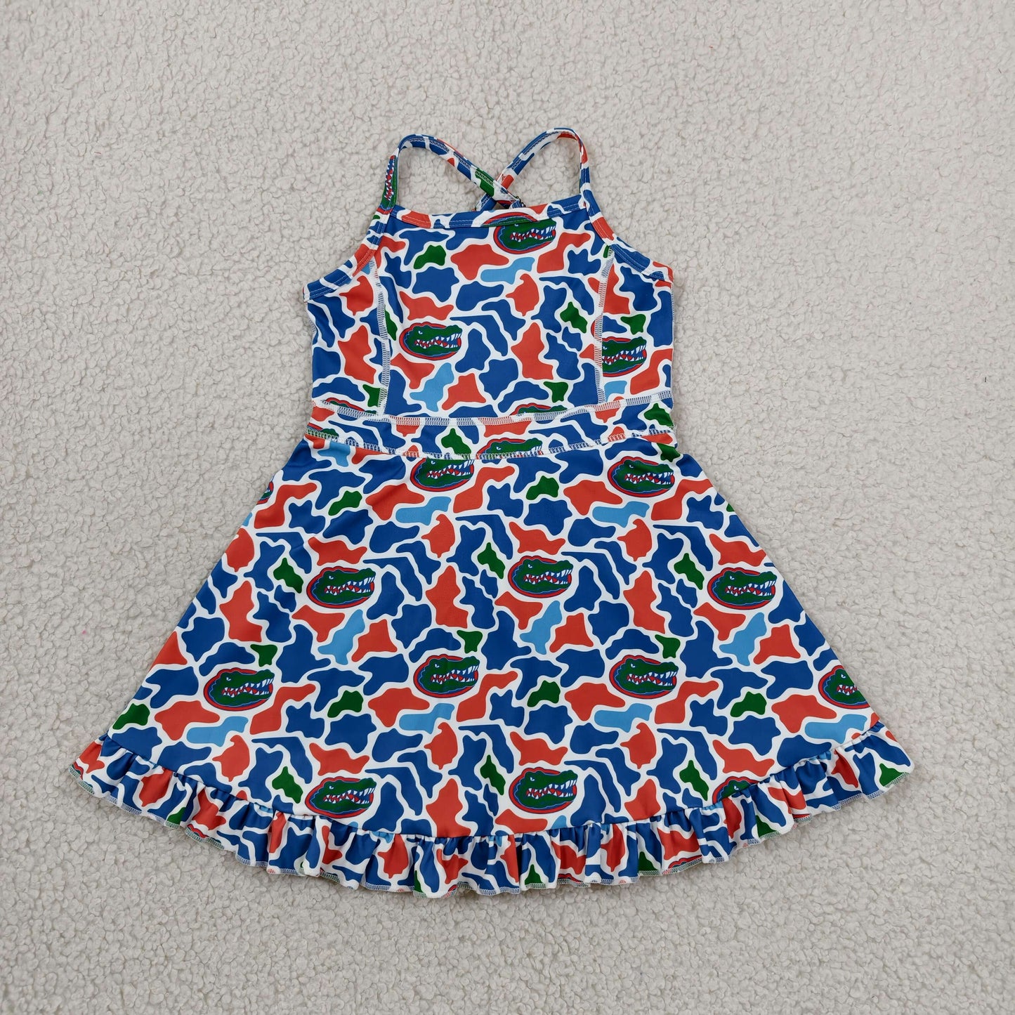 Baby Girls Kids Straps Blue Orange Camo Print Team Yoga Ruffle Knee Length Dress RTS