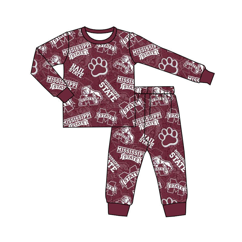 Baby Boy Dark Red Long Sleeves Dogs Shirt Pants Pajamas Team Set