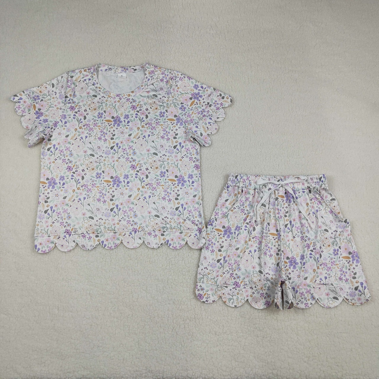 Sibling Baby Girls Adult Women Short Sleeves Purple Flower Shirts Shorts Scallop Sets Summer Clothes RTS